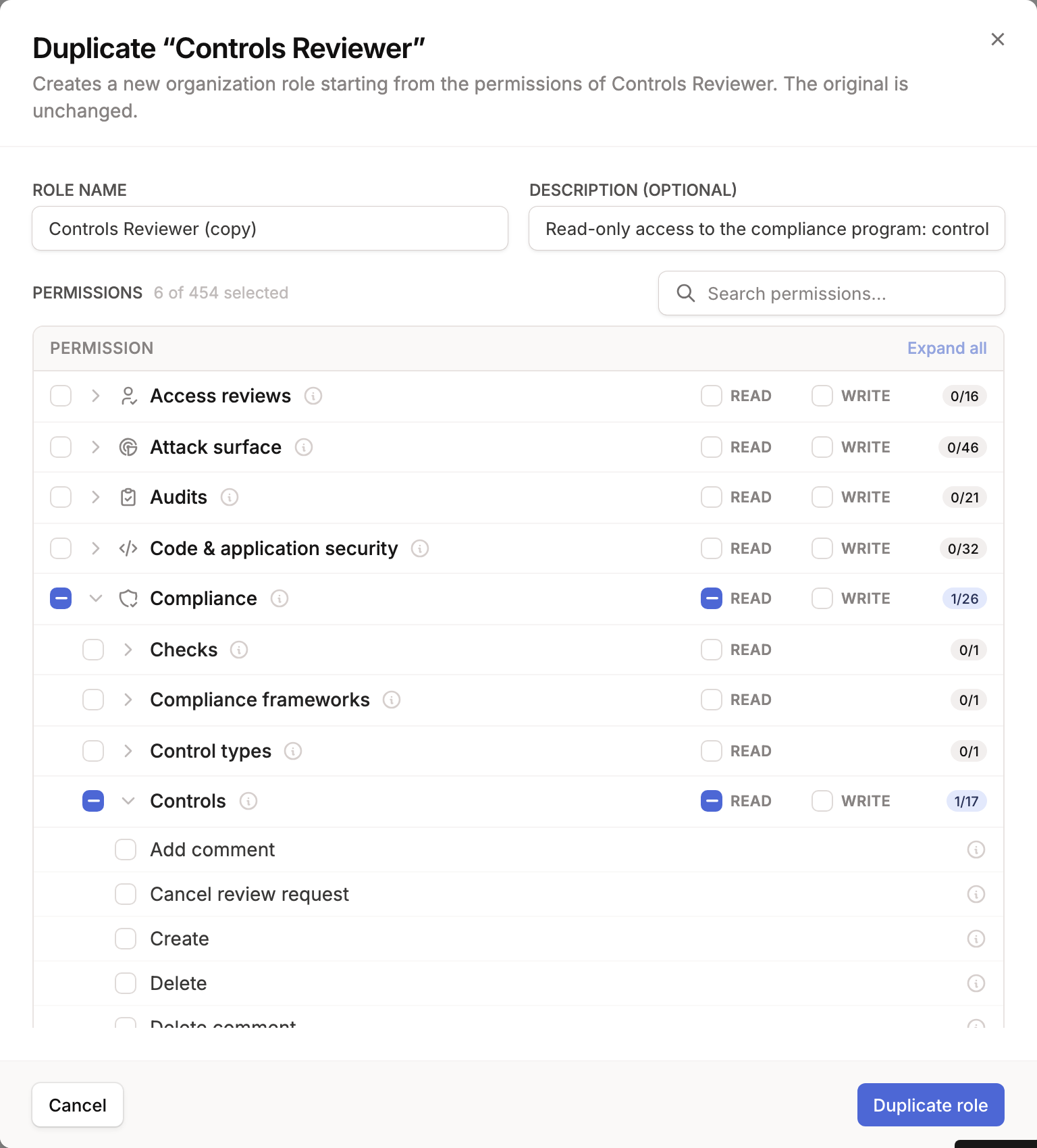 Duplicate role modal pre-filled from an existing role’s permissions