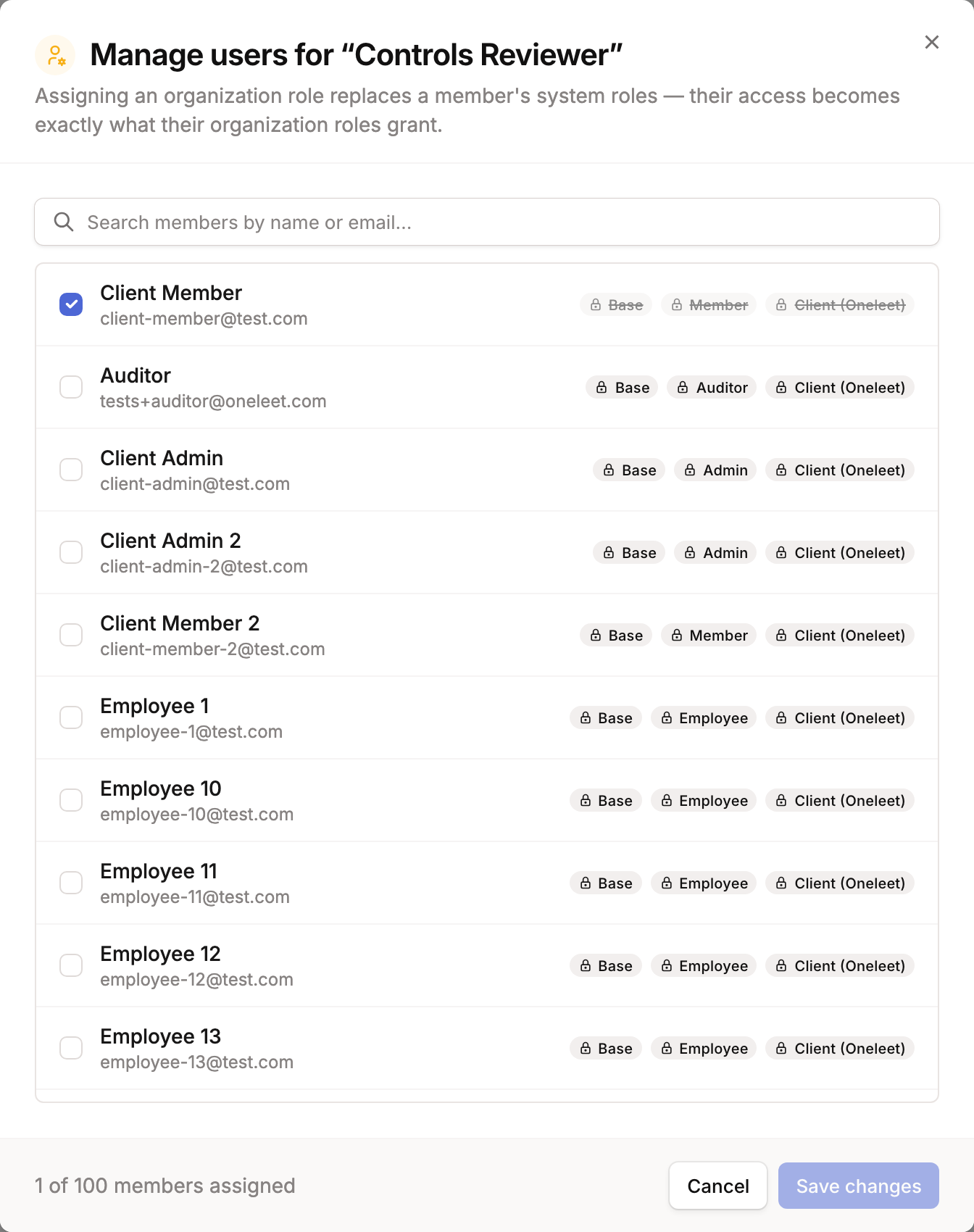 Manage users modal with a member assigned and their system role chips struck through