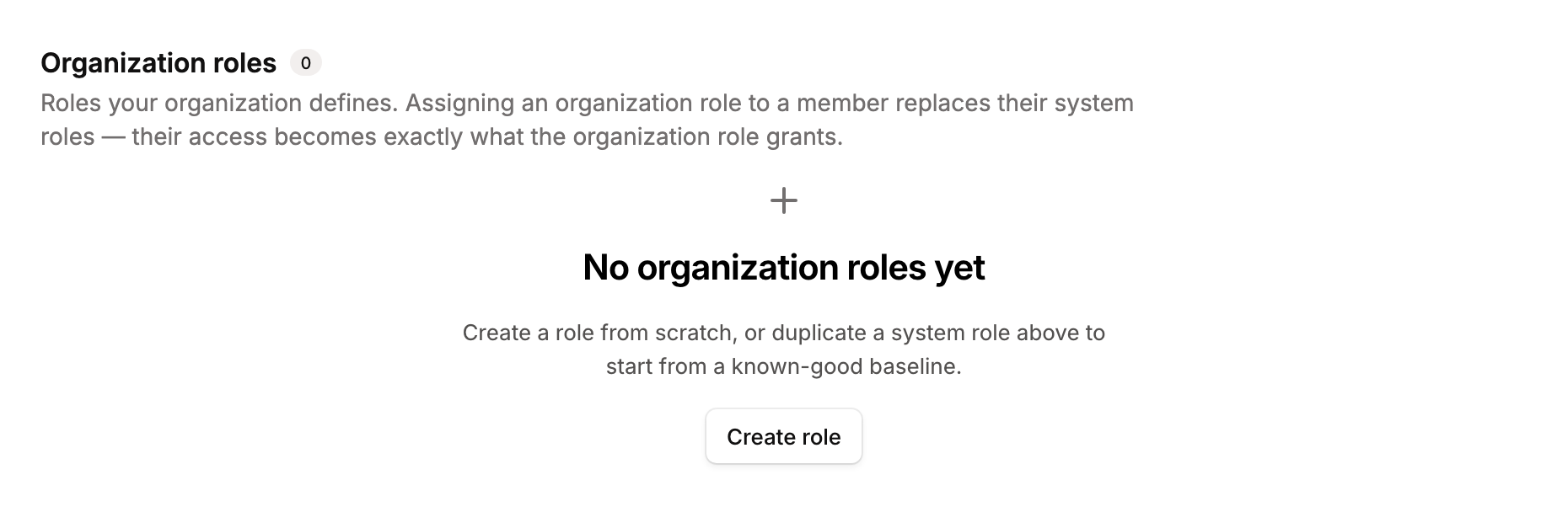 Empty Organization roles section showing the “No organization roles yet” state