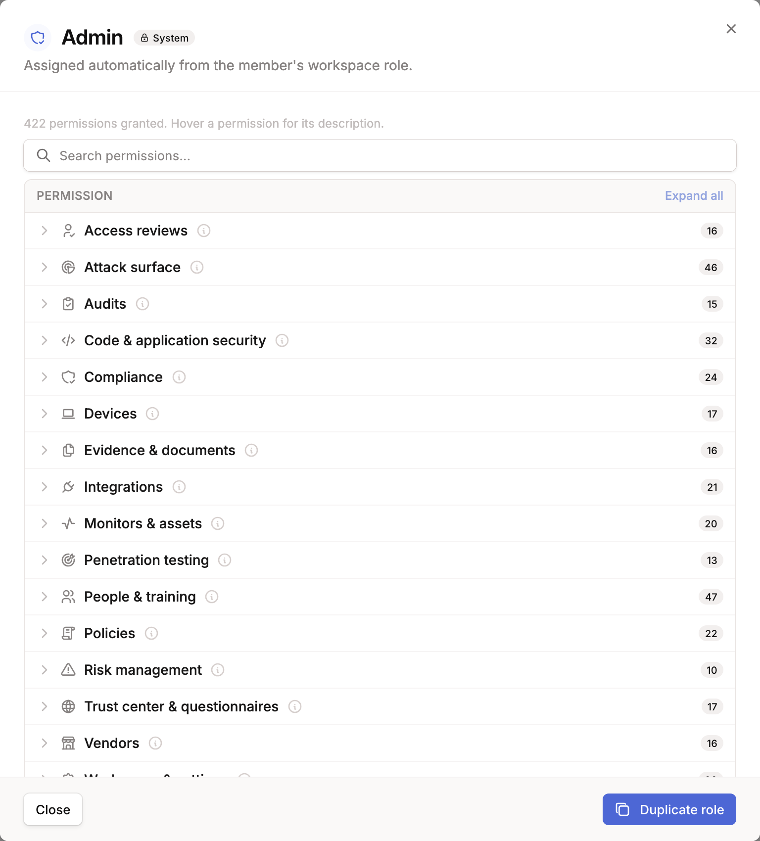 Read-only details for the Admin system role, showing permissions grouped by product area