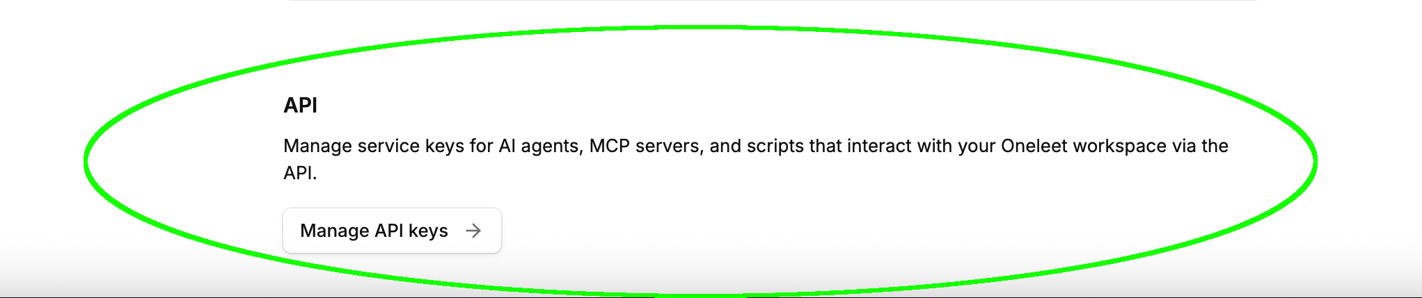 API section of the Settings page with the Manage API keys button