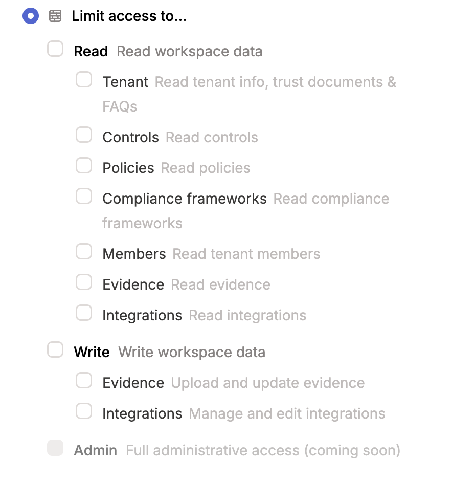 Permission scope checkboxes for limiting a key to specific read and write scopes