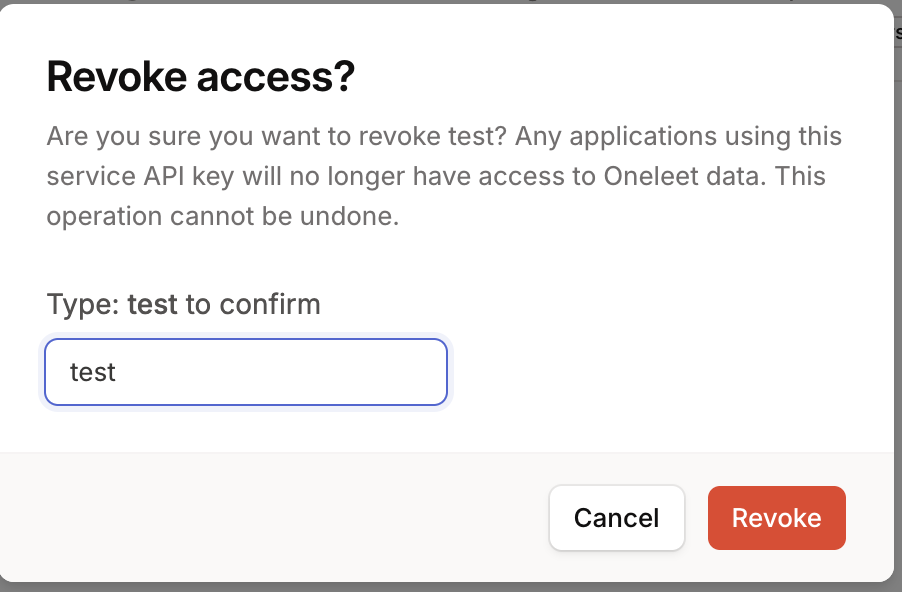 Revoke access confirmation modal requiring the key name to be typed to confirm