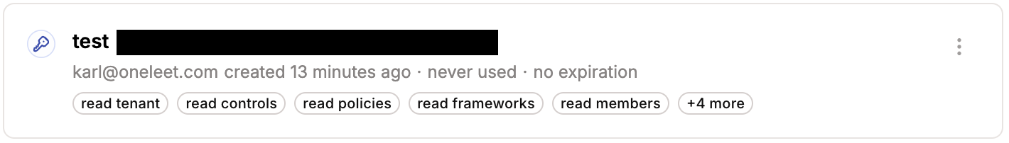 Newly created service key listed with its granted scopes