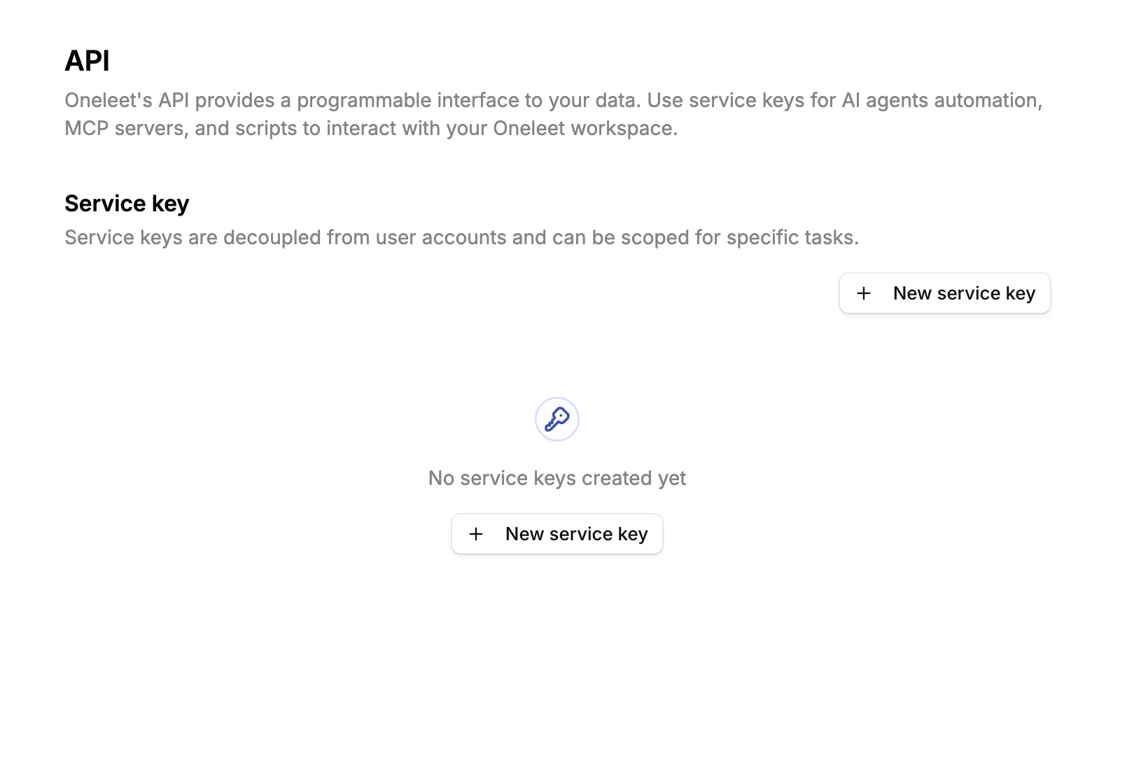 Empty API service keys settings page