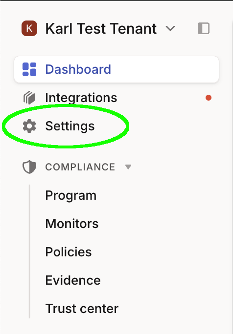 Settings item highlighted in the Oneleet left navigation
