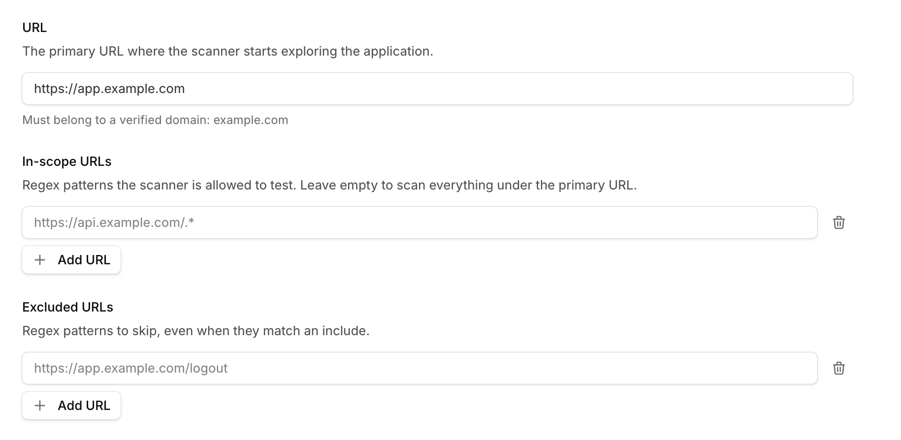 The scope configuration fields: Application URL, In-scope URLs, and Excluded URLs
