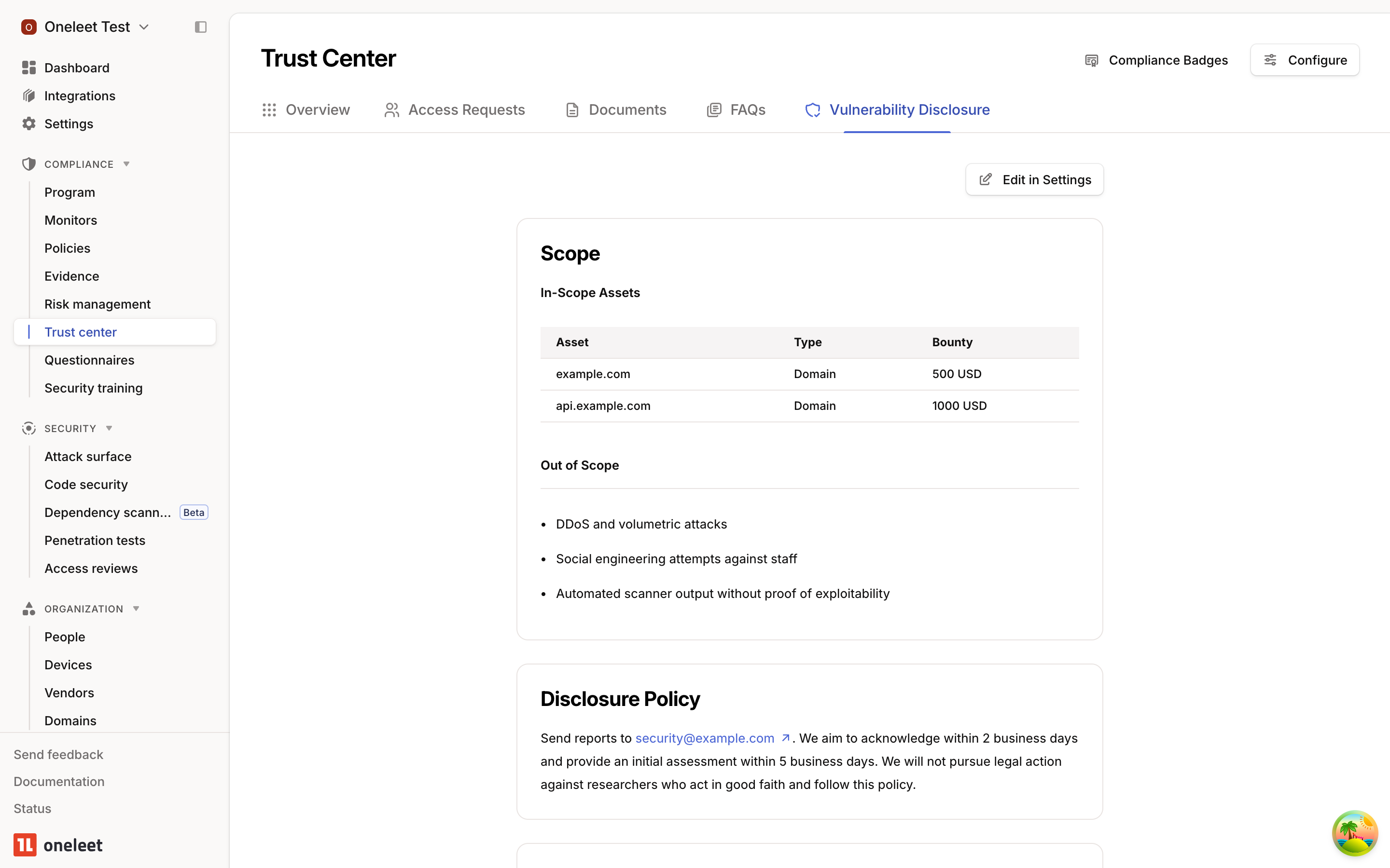 Rendered VDP preview in the admin Trust Center