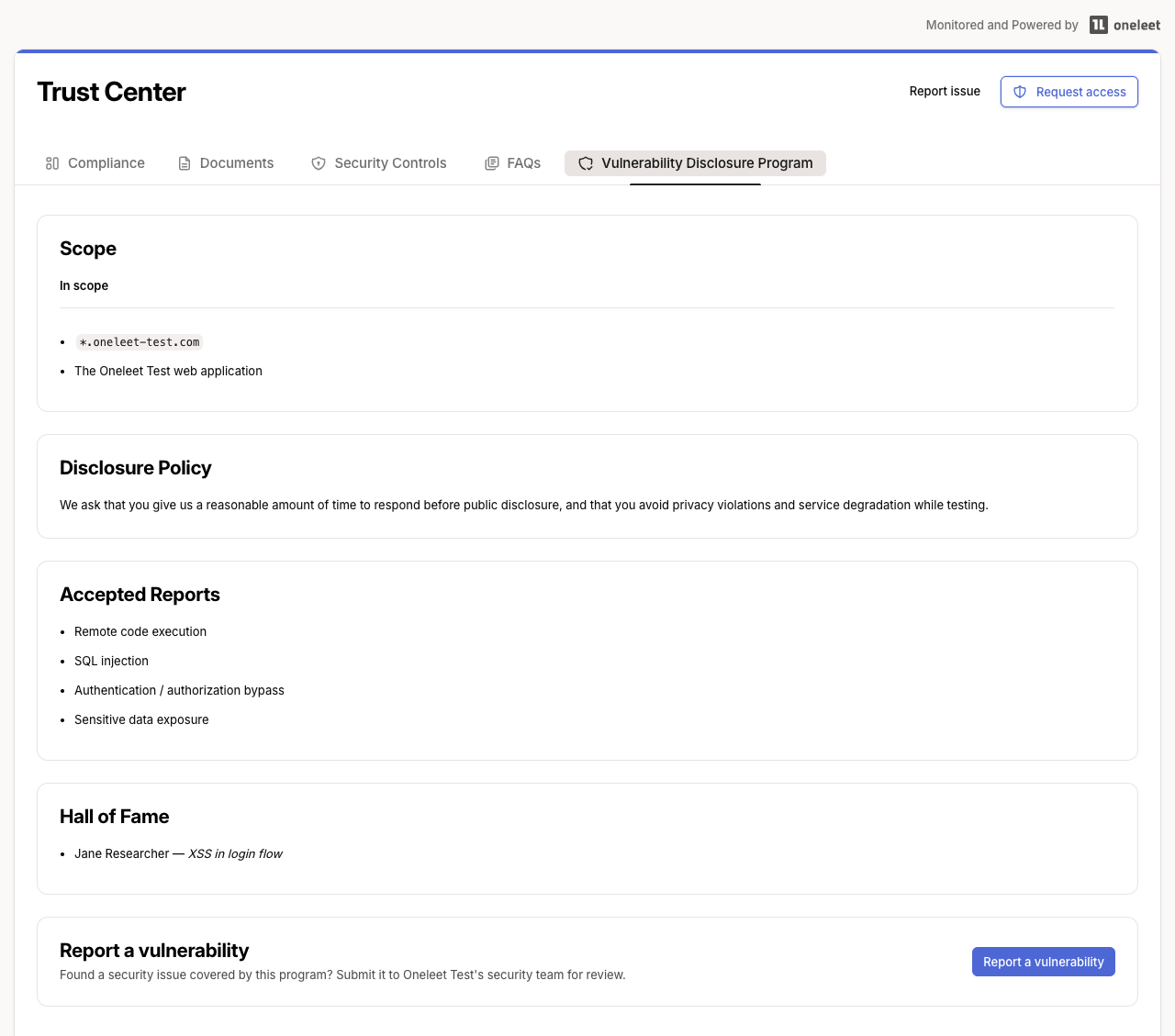 Report a vulnerability call to action at the bottom of the public VDP tab