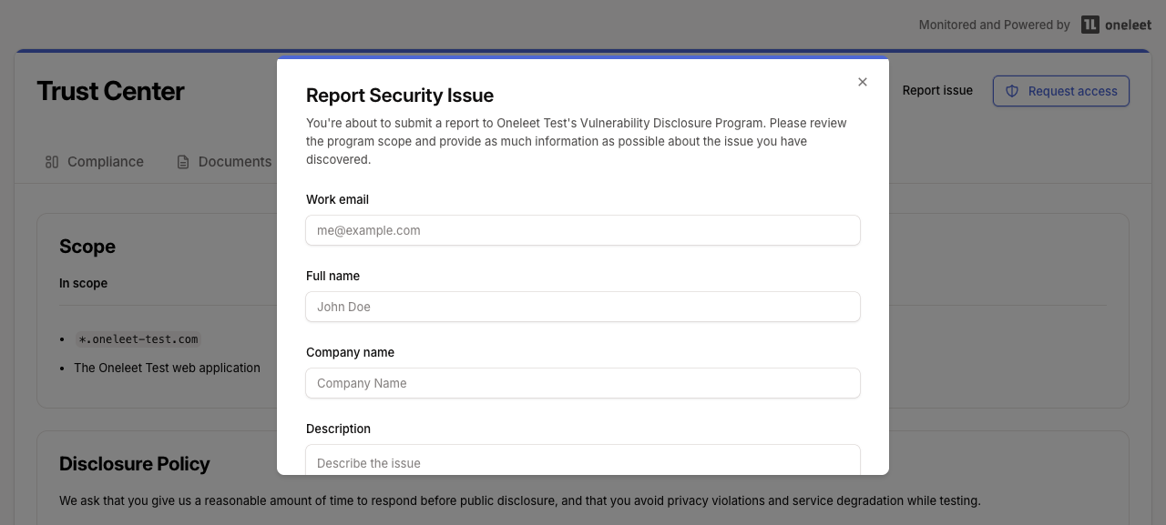 Report a security issue form opened from the Vulnerability Disclosure Program